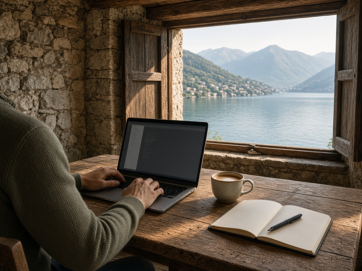 Tre giovani al laptop su un tavolo di legno, con le colline fuori